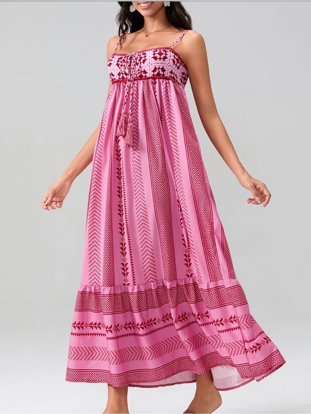 Women Sz L Boho Maxi Dress Crochet Patchwork Sleeveless Long Flowy Swing Dress - Picture 6 of 13